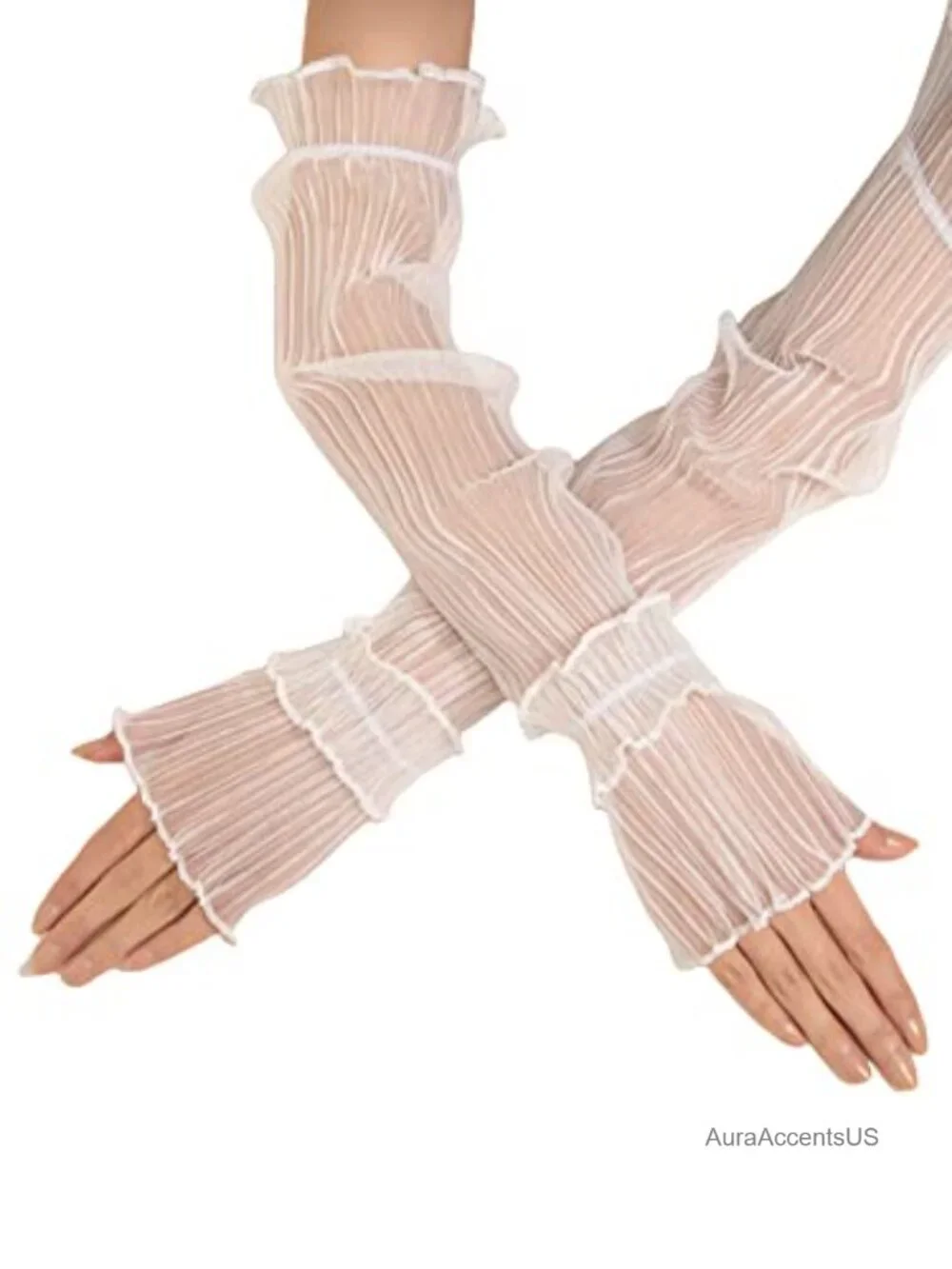 Mesh Sheer Ruched Arm Sleeves Ruffle Hem Fingerless Gloves Costume Accessory
